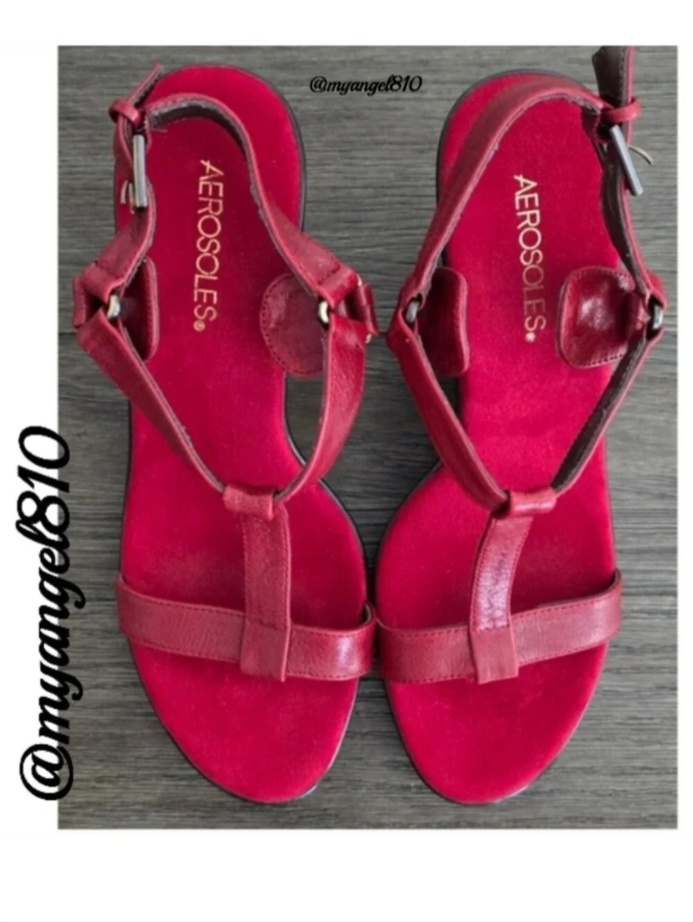 AEROSOLES Red Leather T-Strap Wedge Sandals with Black Wedge Sole, Size 9.5